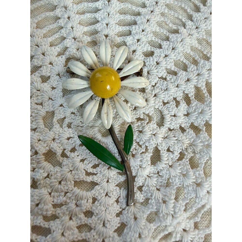 Vintage 1960s Enamel Daisy Stem Brooch Pin, Mid-Century Flower Power Mod Jewelry
